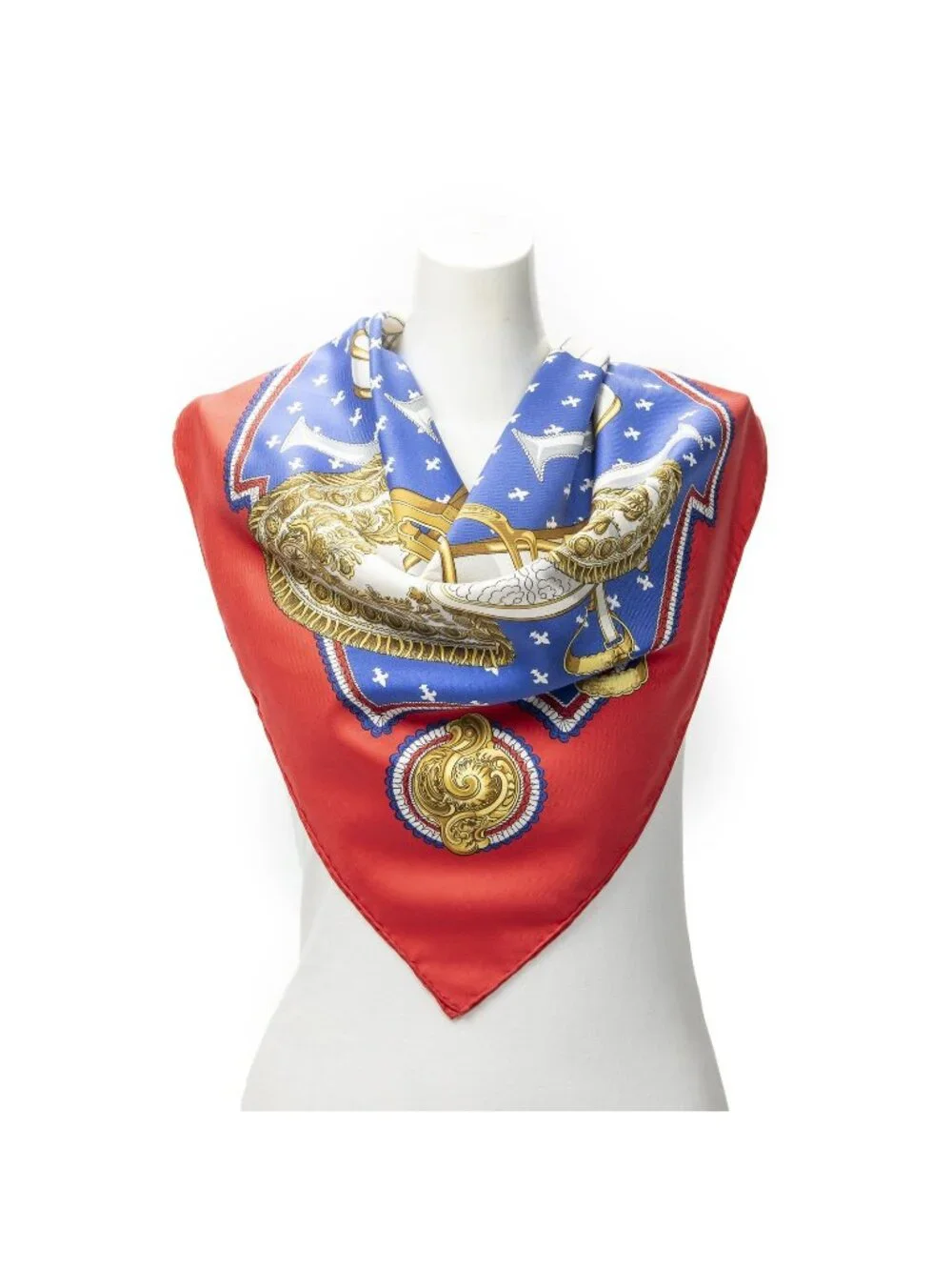 Hermes Scarf Blue Red 100% Gold Twill Silk